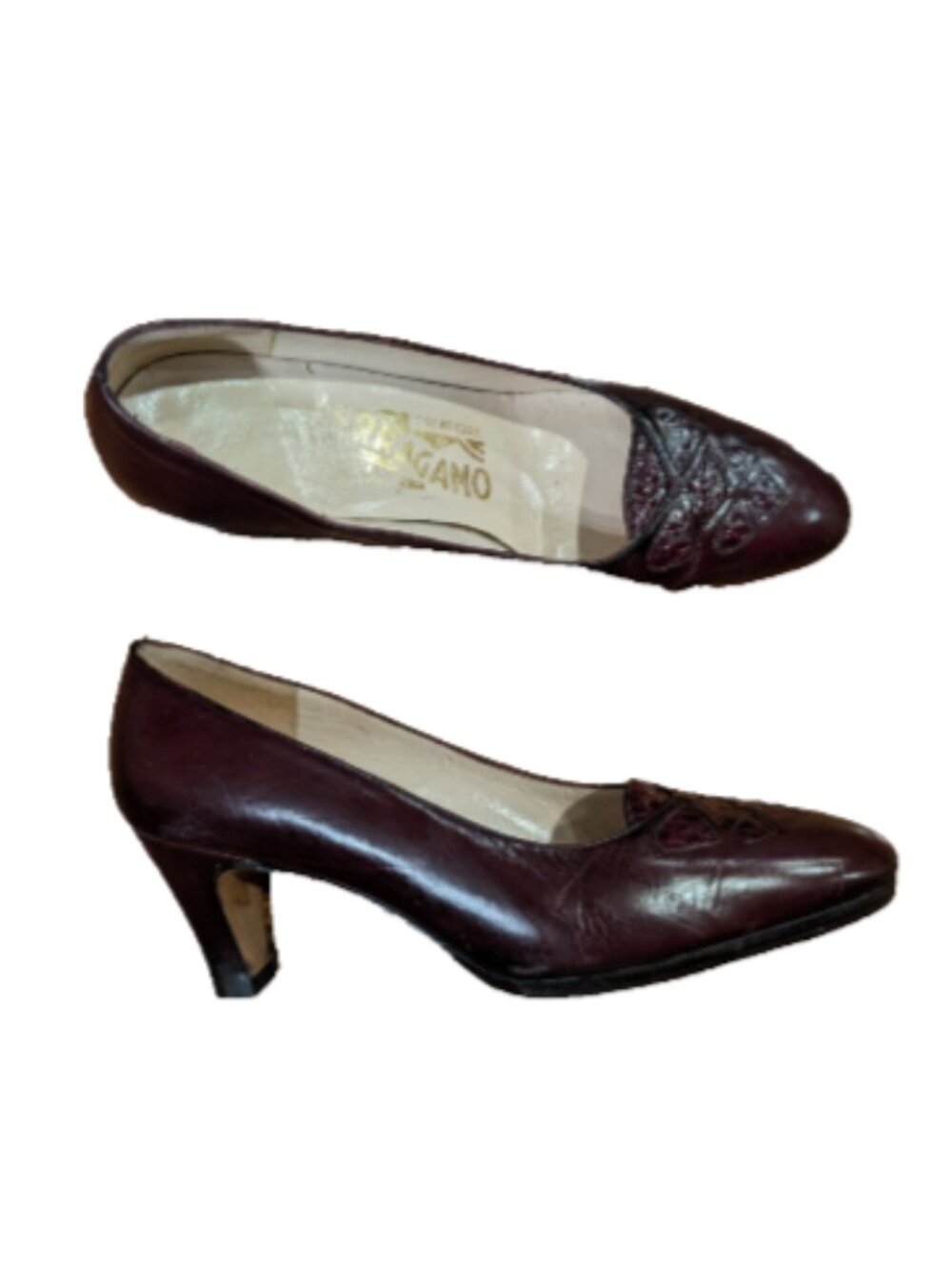 Vtg Salvatore Ferragamo Burgundy Leather Mid Heel Pumps Embossed Size 4 B Italy